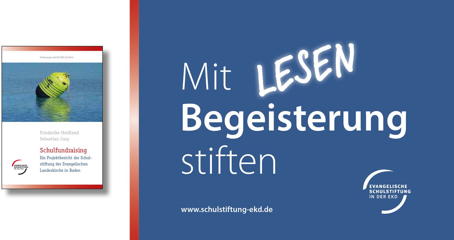 Deutsche Werbegrafik mit „Mit LESEN Begeisterung stiften“, Booklet und EKD-Logo.