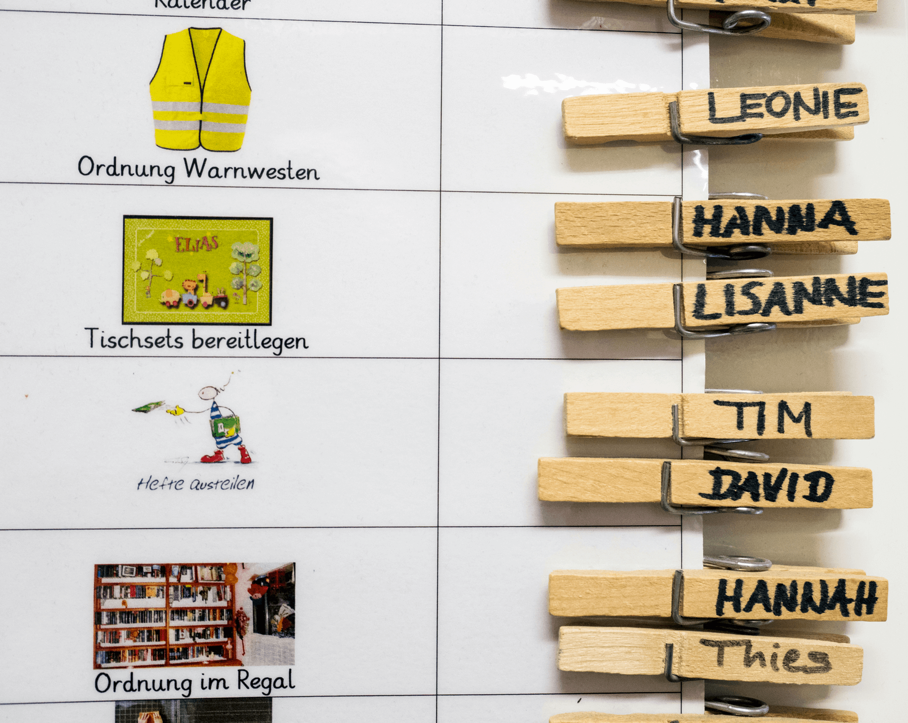 Ein Aufgabenplan mit deutschsprachigen Aufgabenbezeichnungen und Bildern sowie Wäscheklammern mit den Namen der Kinder neben jeder Aufgabe, die die Verantwortlichkeiten zuordnen. Zu den Aufgaben gehören Warnwesten, Tischsets und die Organisation der Regale.