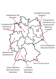 Die insgesamt zehn teilnehmenden Schulen an den Gottesdienstlots*innen 2023/2024 kommen aus sieben Bundesländern und sechs Landeskirchen.