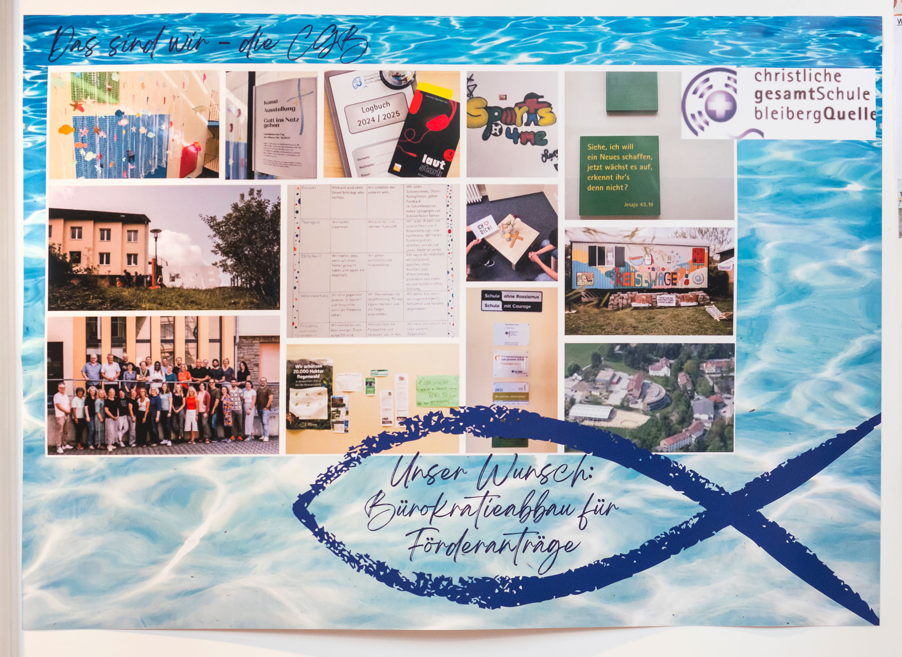Selbstgestaltetes Schulplakat der Christlichen Gesamtschule Bleibergquelle für das 30-jährige Jubiläum der Evangelischen Schulstiftung in der EKD.