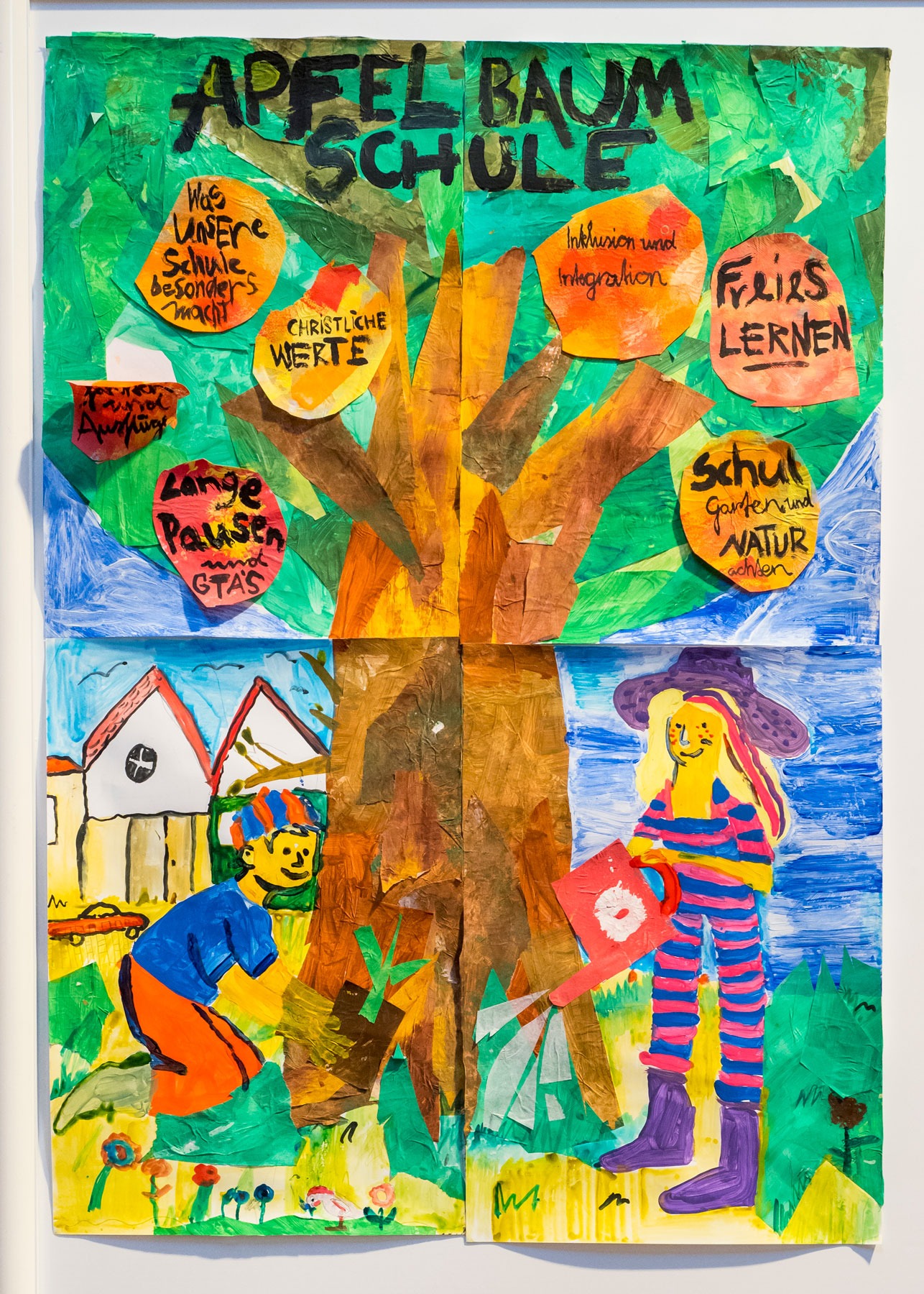 Selbstgestaltetes Schulplakat der Apfelbaum Schule für das 30-jährige Jubiläum der Evangelischen Schulstiftung in der EKD.
