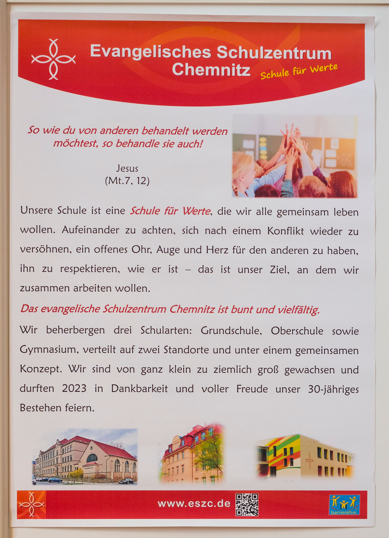 Selbstgestaltetes Schulplakat des Evangelischen Schulzentrums Chemnitz für das 30-jährige Jubiläum der Evangelischen Schulstiftung in der EKD.