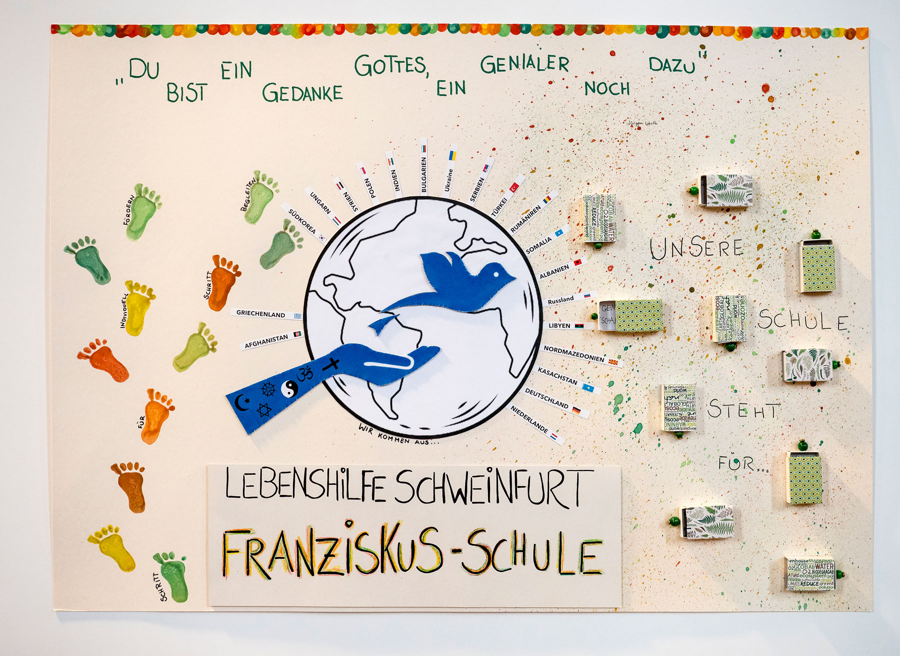 Selbstgestaltetes Schulplakat der Franziskus-Schule Schweinfurt für das 30-jährige Jubiläum der Evangelischen Schulstiftung in der EKD.
