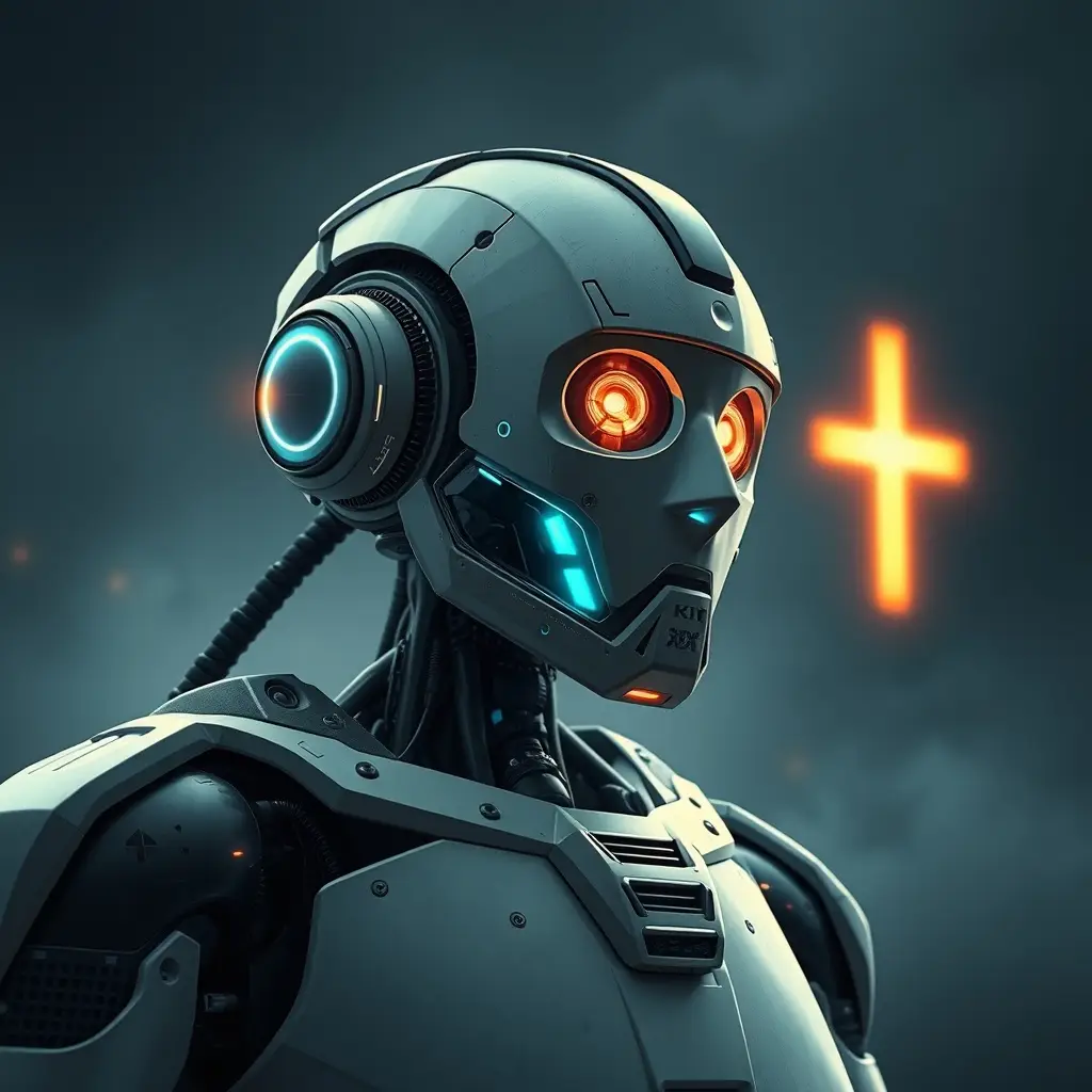 Futuristischer Roboter mit leuchtend orangefarbenen Augen und Headset unter einem orangefarbenen Pluszeichen. Bild: Christina Flemming-Flux