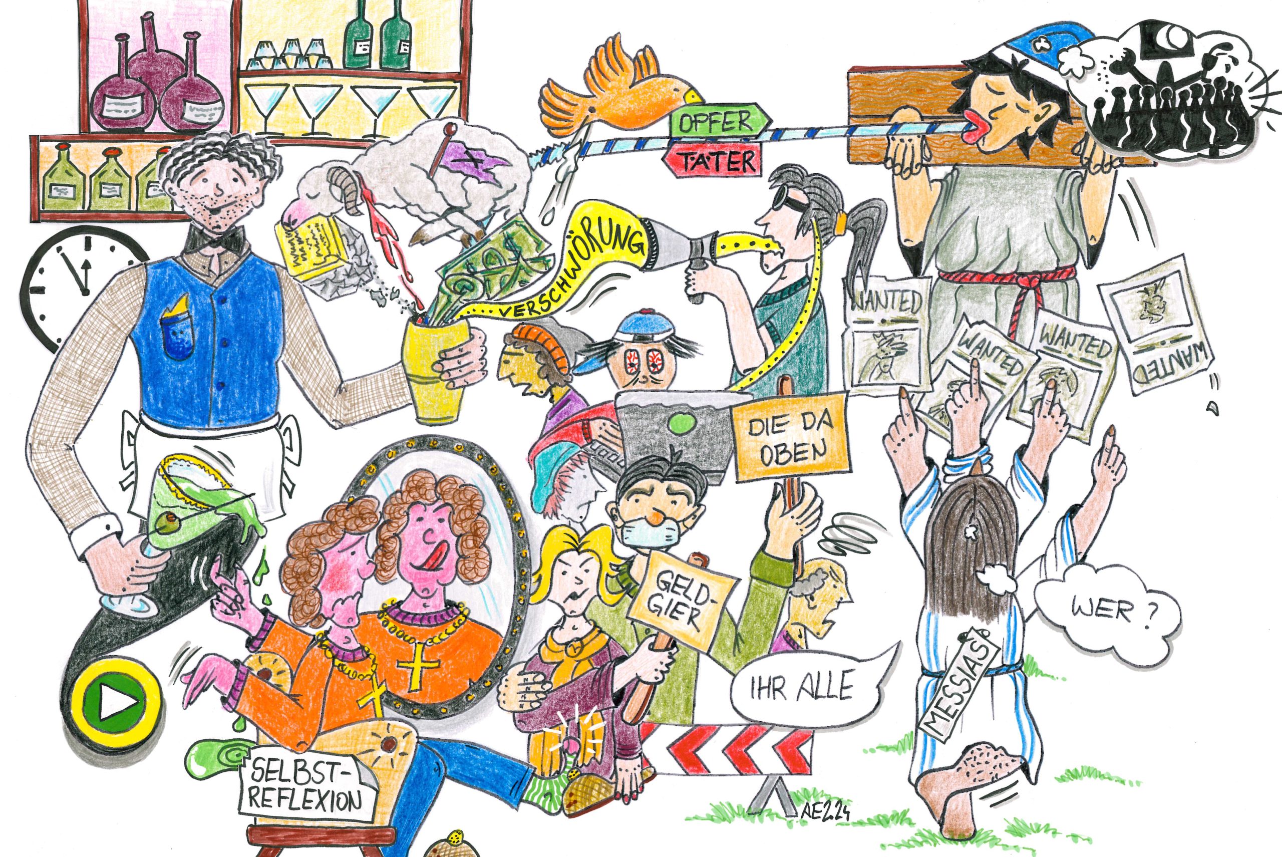 Cartoon-Chaos: Barkeeper, „GESUCHT“-Schilder, Frau mit Waage, Flaschen, deutsche Wörter. Bild: Anne Eichhorst/Ev. Akademie zu Berlin