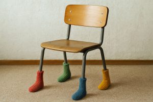 Holzstuhl mit Metallbeinen in bunten Socken auf Teppich, vor einer hellen Wand.