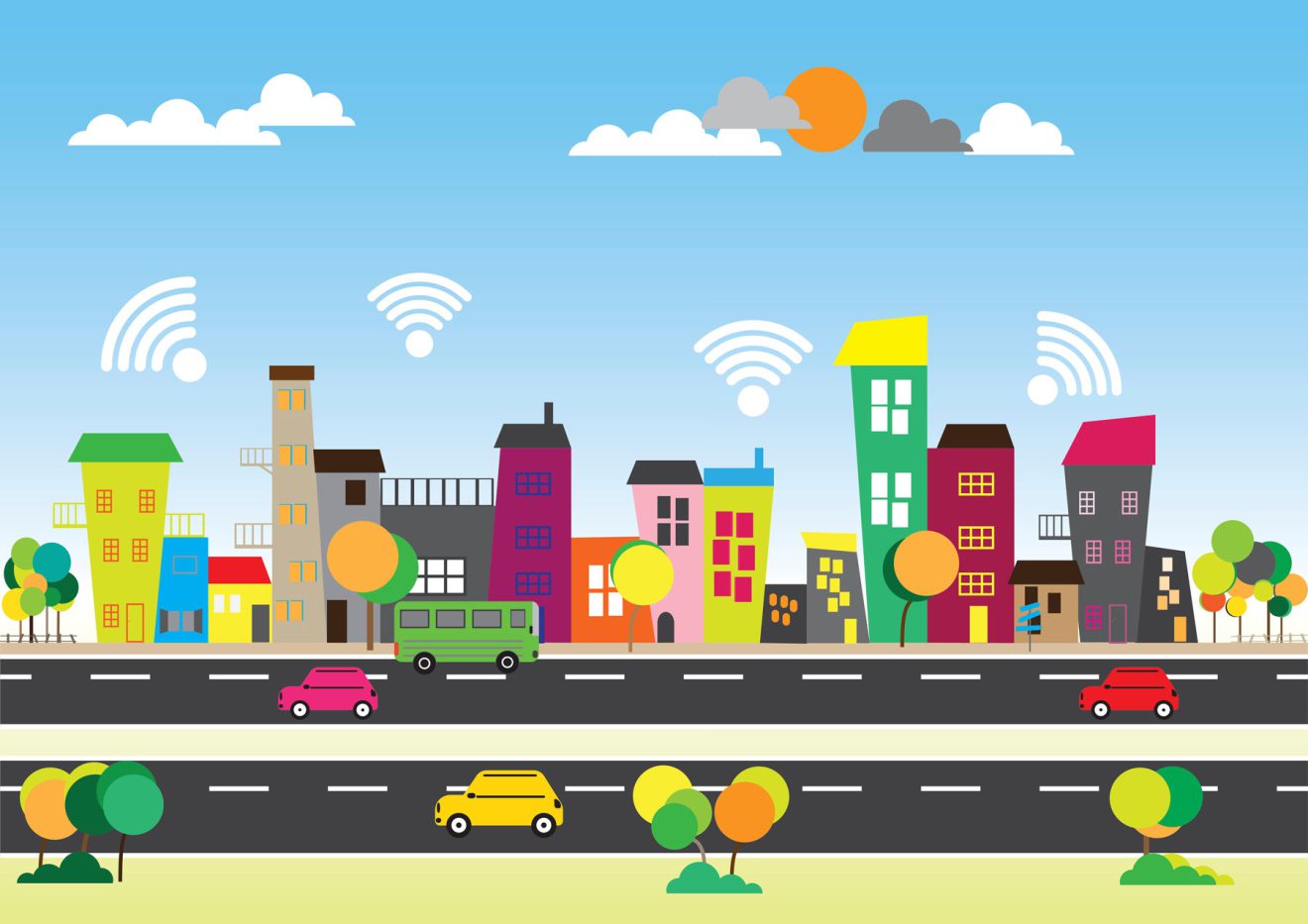 Cartoon-Stadtlandschaft mit Gebäuden, Fahrzeugen, Funksignalen, Bäumen, Sonne und Wolken.