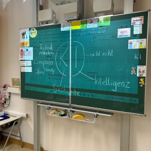 Kreidetafel im Klassenzimmer mit dem Schriftzug "Künstliche Intelligenz", Notizen und Material. Foto: Anne Broy, Wilhelm-Löhe-Schule Nürnberg