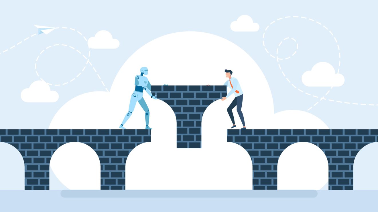 Ein Roboter und ein Mensch überbrücken eine Lücke zwischen zwei Backsteinbrücken; Wolken und Papierflugzeug am Himmel.