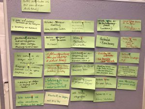 Pinnwand mit handgeschriebenen deutschen Notizen über Ziele, Wünsche und Unterstützung.